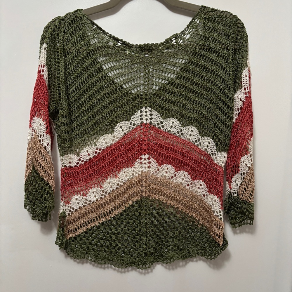 Bette Paige Crochet Sz Petite Medium Women’s Round Neck Long Sleeve Mesh Top - Picture 2 of 7
